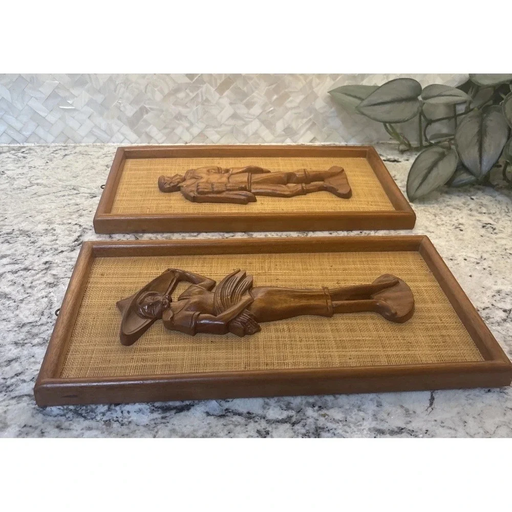 2 Vintage 1960s Mid Century Carved Teak Woman‎ and Man Wall Plaques 15x8in wood